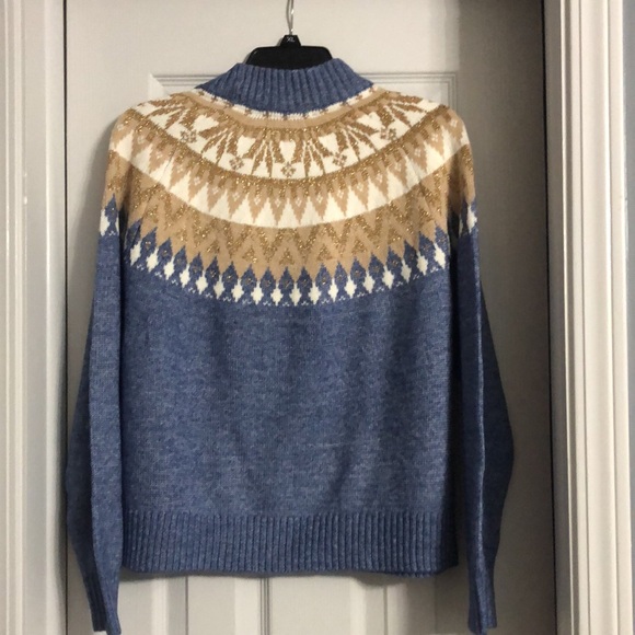 Tommy Hilfiger Classic Woven Knit Fair Isle Sweater in Blue and Metallic Gold - Picture 9 of 12
